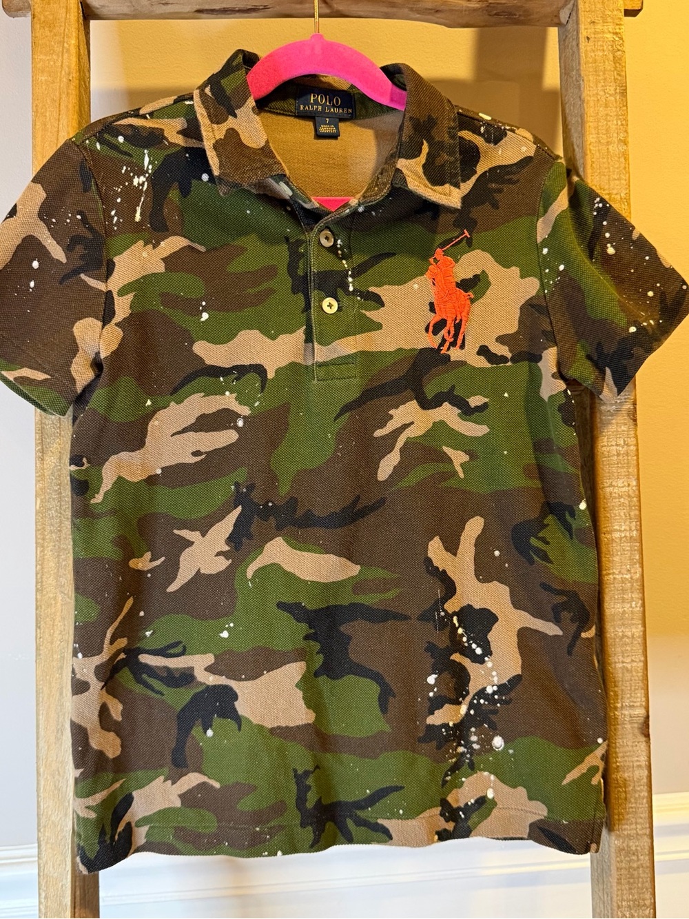 Polo Ralph Lauren Boys Camo Paint Splatter Big Pony Mesh Polo Shirt Size 7